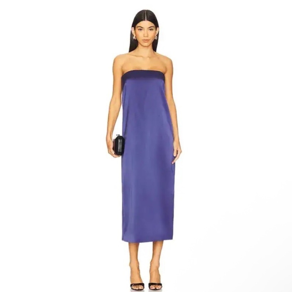 Favorite Daughter Strapless Midi Dress in Purple with Black Trim